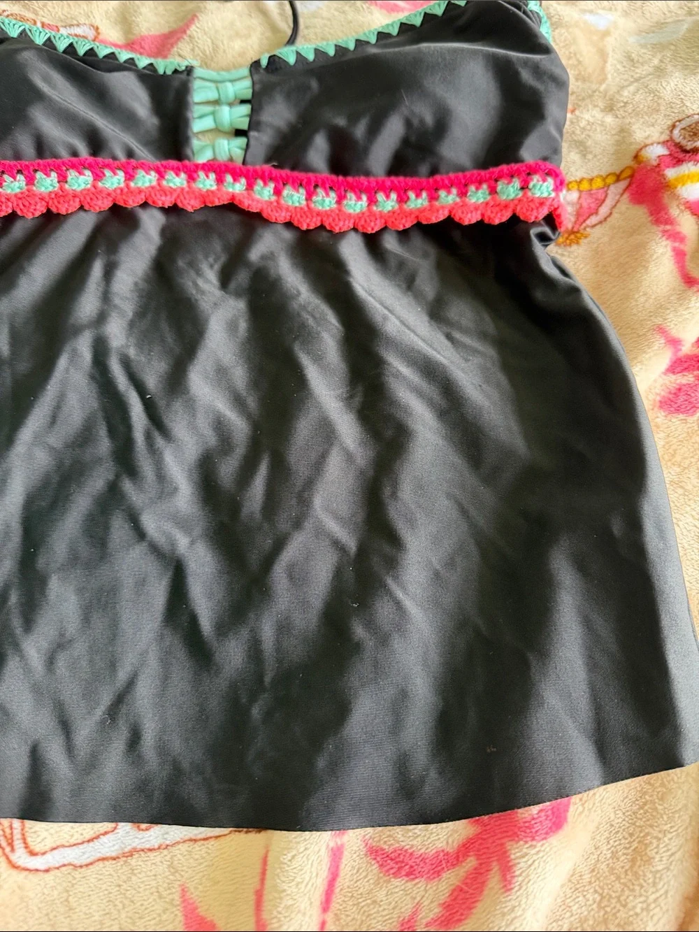 Y2K Small Crochet Black Swim Tankini Top Mint & Coral Trim Beach Summer